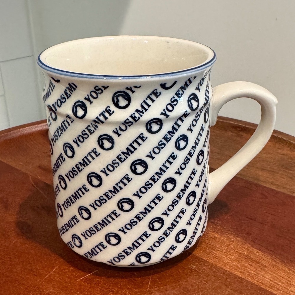 Vintage Yosemite National Park Souvenir Coffee Mug Navy Blue Cream Ceramic 4in